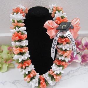 Chrysanthemum Ribbon Lei in Pink, Peach, Shades of various greens and white  for a Class of 2025 Graduate