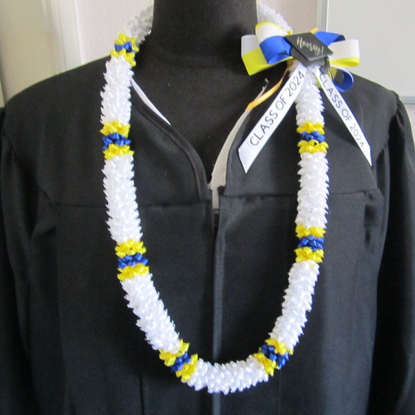 Pikake Ribbon Lei for Class of 2024 graduation in Blue, Gold, Burgundy, Black and White