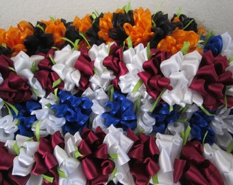 Satin and Organza Ribbon Leis in blue, orange, purple and white for graduations and all special occasions