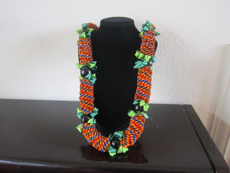 Deluxe Cigar Hawaiian Satin Ribbon Lei in Orange Blue White Etsy