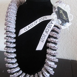 Twister Hawaiian Ribbon Lei for Graduation class of 2025 in green, black and white