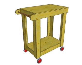 May include: A wooden utility cart with a top shelf and a lower shelf. The cart has a wooden handle and four wheels with red tires.