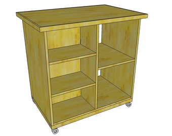 May include: A wooden storage shelf with four shelves and a top surface. The shelf is on wheels and has a light wood finish.
