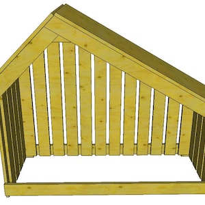 May include: A wooden structure resembling a small shed with a slanted roof and slatted walls. The structure is made of unfinished wood and has a simple design.