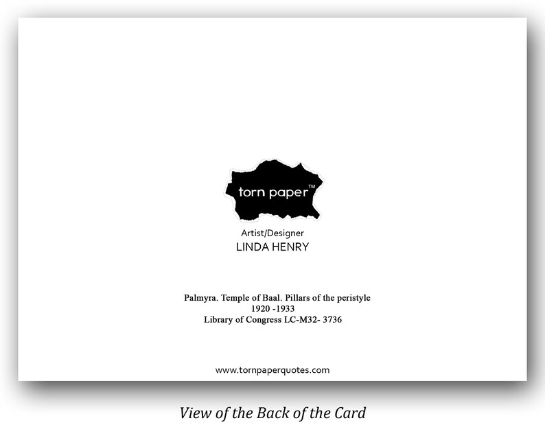 Puede incluir: Una tarjeta blanca con el logotipo "torn paper" y el nombre de la artista, Linda Henry. La tarjeta incluye informaci&oacute;n sobre Palmira, el Templo de Baal y la Biblioteca del Congreso. La parte inferior de la tarjeta dice "View of the Back of the Card."