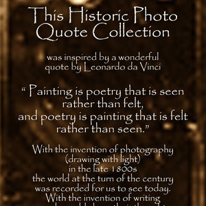 Puede incluir: Imagen en tonos sepia con el texto: "This Historic Photo Quote Collection". El texto incluye una cita de Leonardo da Vinci y habla sobre la invenci&oacute;n de la fotograf&iacute;a a finales del siglo XIX y el intercambio de pensamientos a trav&eacute;s de la escritura.