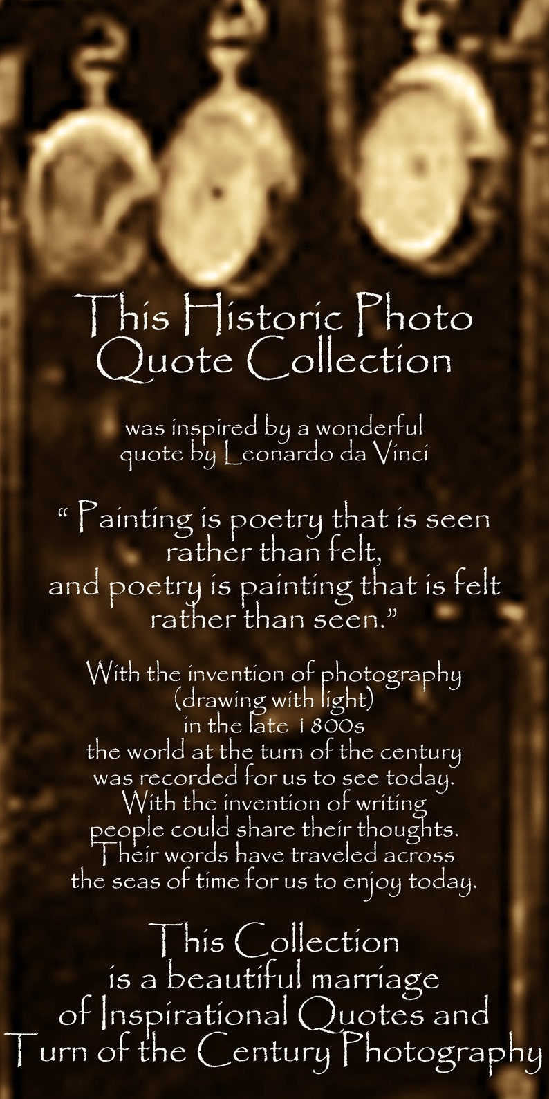 Puede incluir: Imagen en tonos sepia con el texto: "This Historic Photo Quote Collection". El texto incluye una cita de Leonardo da Vinci y habla sobre la invenci&oacute;n de la fotograf&iacute;a a finales del siglo XIX y el intercambio de pensamientos a trav&eacute;s de la escritura.