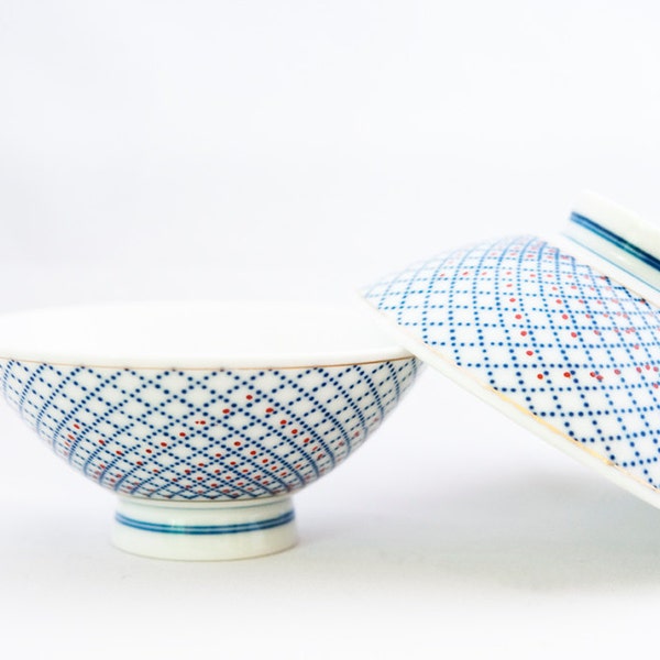 Unberührte Vintage geometrische rot und blau Muster japanische Klangschalen (Set 2)