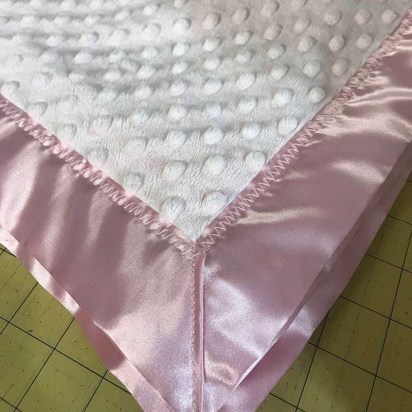 30 x 35 Pink minky dot baby blanket with pink satin backing and binding