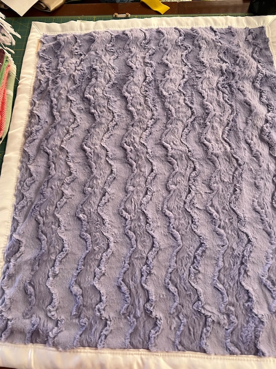 30 x 35 glacier design lavender minky baby blanket with white satin backing and binding with FREE embroidery
