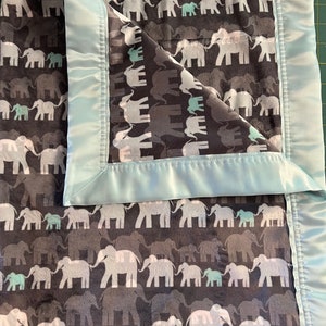 Grey 30 x 35 Elephants on parade double minky blanket with FREE embroidery