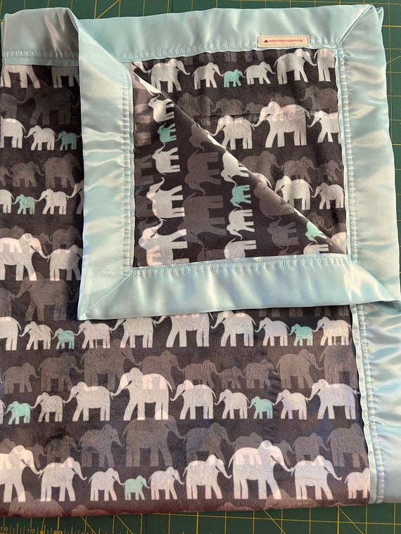 Grey 30 x 35 Elephants on parade double minky blanket with FREE embroidery