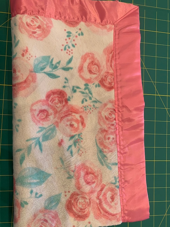 Floral minky and satin baby blanket 30 x 35 with FREE embroidery