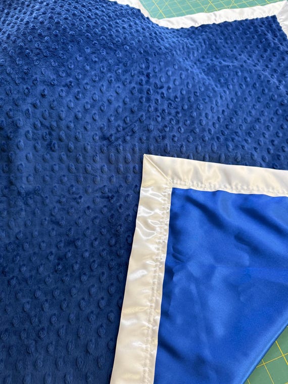 30 x 35 Royal blue minky dot and satin baby blanket with white binding and FREE embroidery
