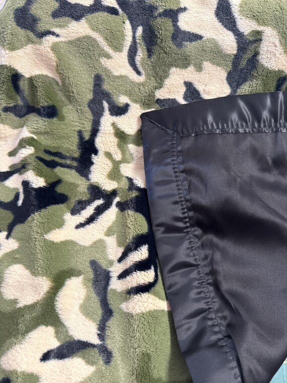 30 x 34 sage white black minky camo  blanket with black satin backing and binding and FREE embroidery