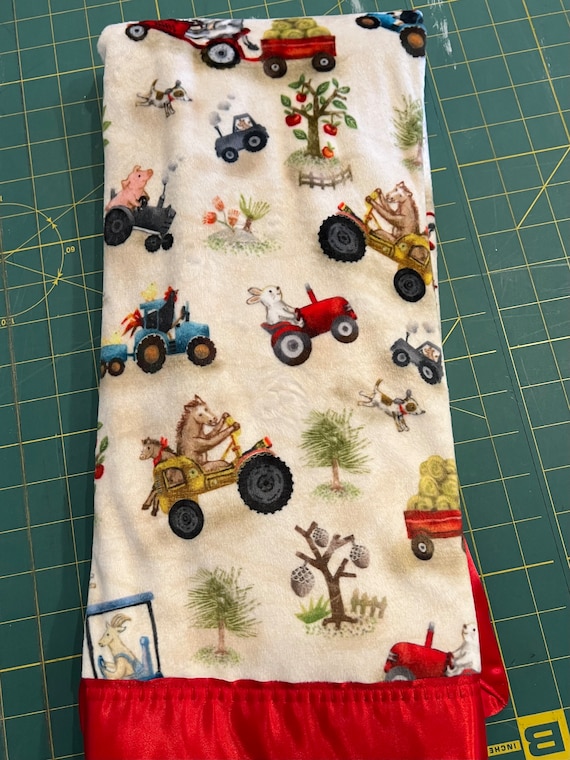 30 x 35 Funny Farm Animals satin or double sided minky blanket with red satin binding with FREE embroidery