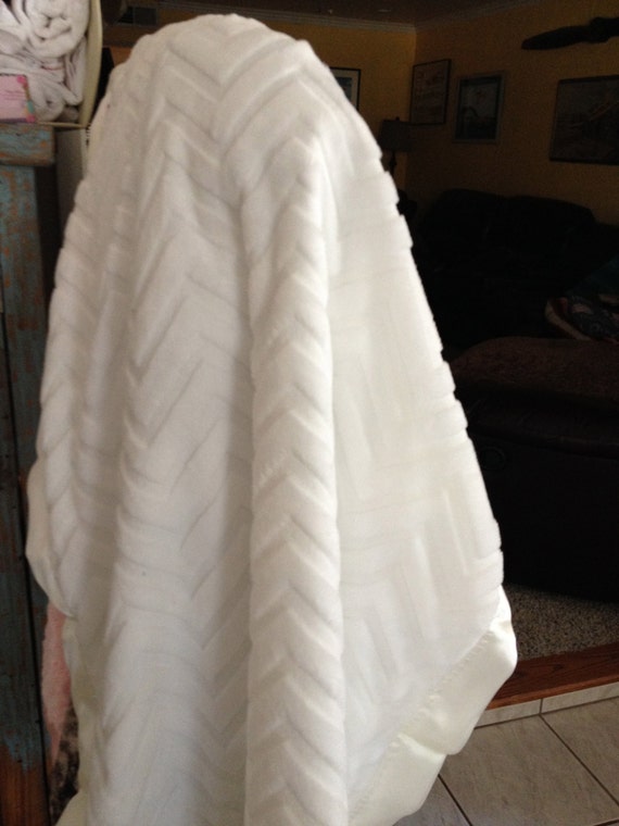 30 x 35 White Chevron embossed Minky Baptism blanket with satin backing and binding, FREE embroidery.
