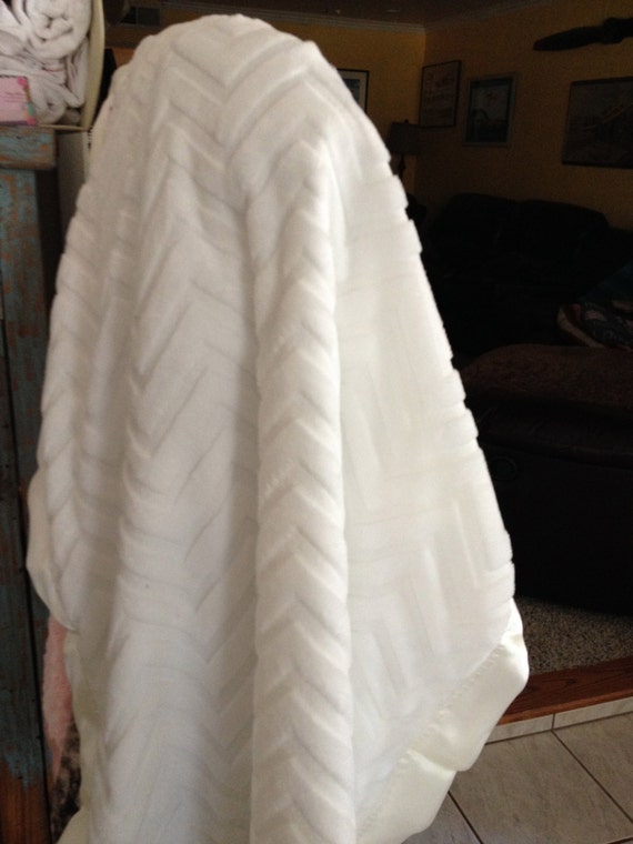 30 x 35 White Chevron embossed Minky Baptism blanket with satin backing and binding, FREE embroidery and matching burp cloth