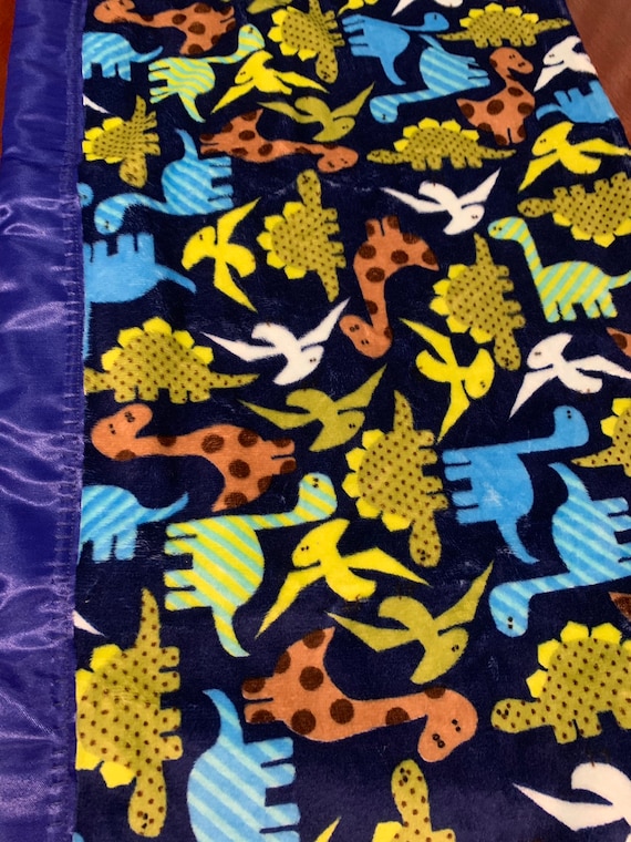 Dinosaur minky baby blanket with royal blue satin back 30 x 35 and FREE embroidery
