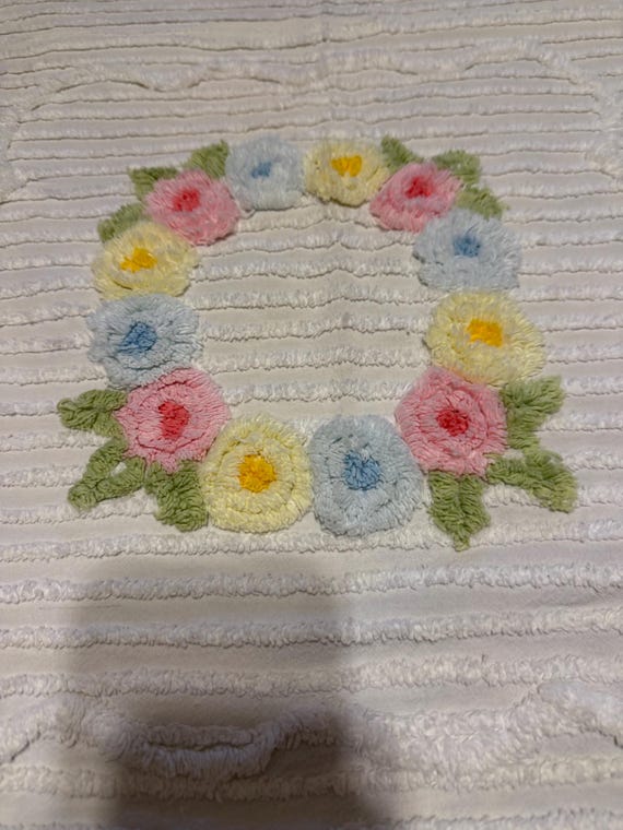 Vintage chenille white unhemmed squares bedspread 53 x 56 crib size