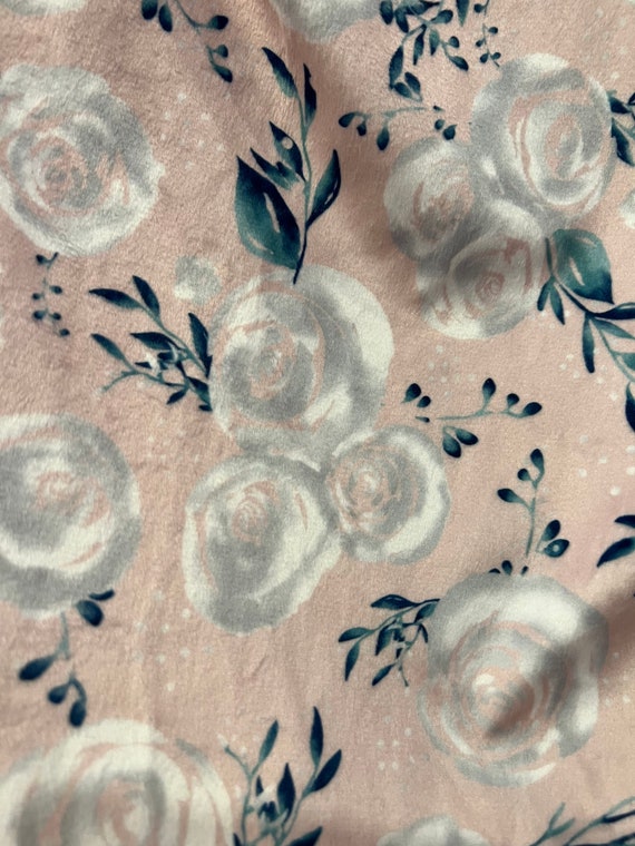 30 x 35 Rosewater pink floral with pink satin backing and binding minky baby blanket and FREE embroidery