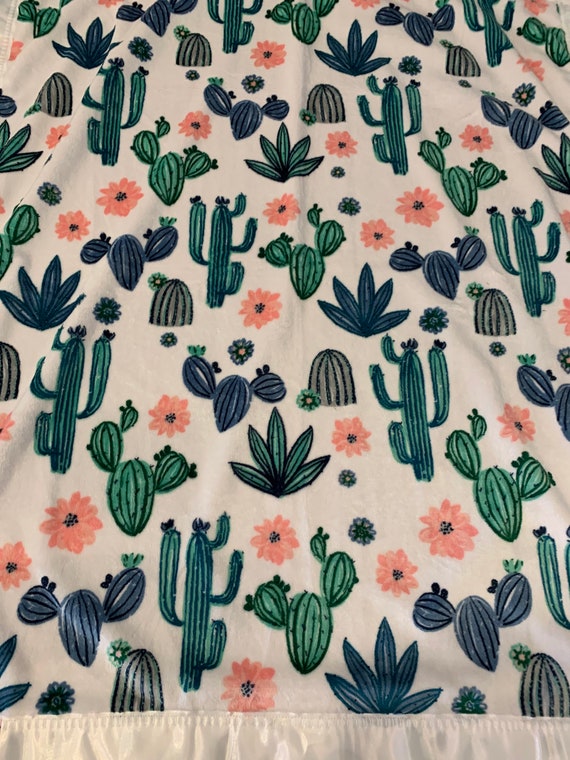 Cactus minky blanket, pink satin backing, white satin binding 30 x 35