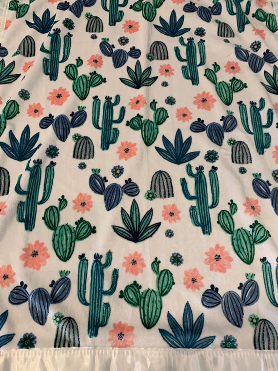 Cactus minky blanket, pink satin backing, white satin binding 30 x 35 and FREE embroidery