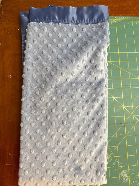 30 x 35 Denim slate blue minky dot baby blanket with blue satin backing and binding including FREE embroidery!