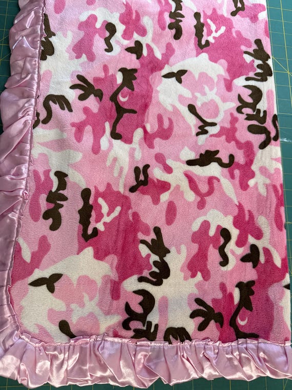 30 x 35 pink camo minky and satin baby blanket with pink ruffles and FREE embroidery