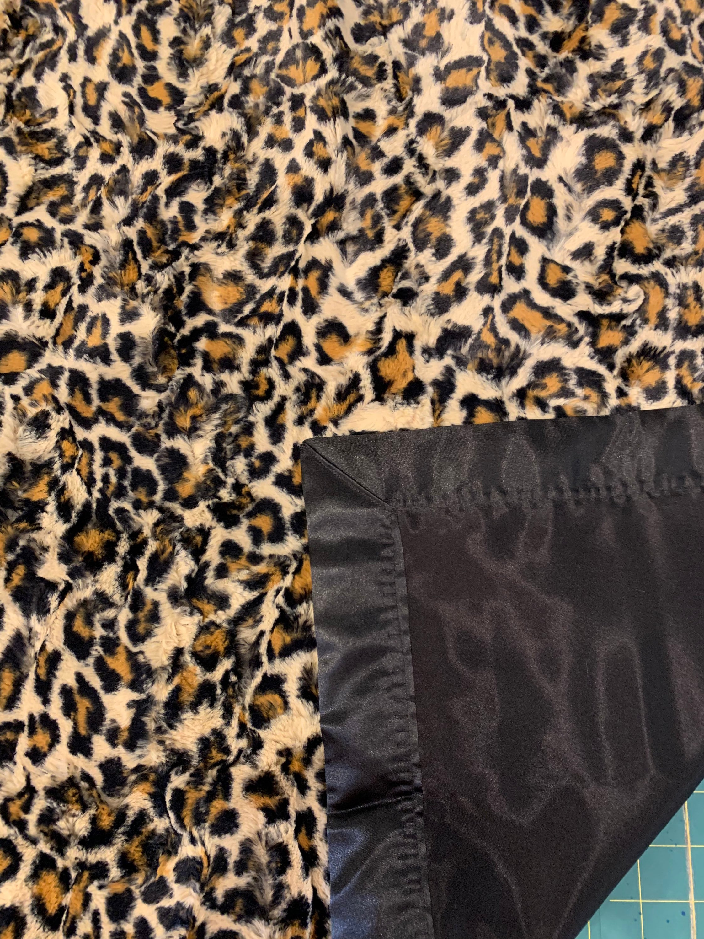 Fuzzy cheetah minky and satin baby blanket 30 x 35