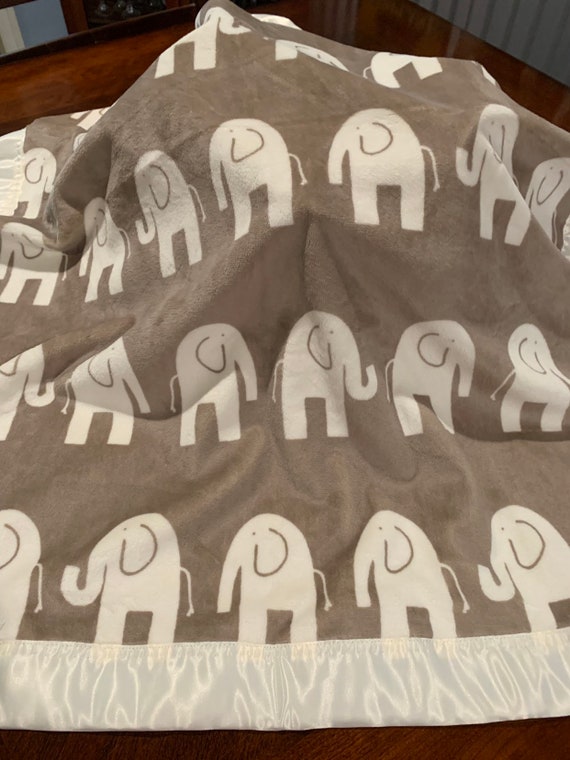 Bisque neutral minky and satin elephant baby blanket 30 x 35 with FREE embroidery