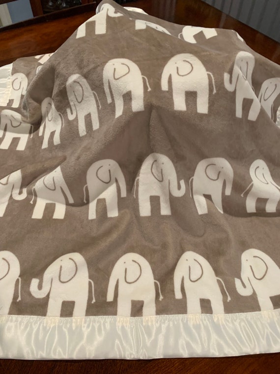 Bisque neutral minky and satin elephant baby blanket 30 x 35