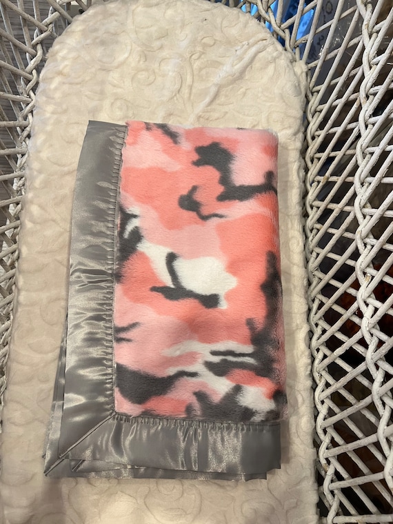 Pink grey and white fluffy camo baby blanket 30 x 35 and FREE embroidery