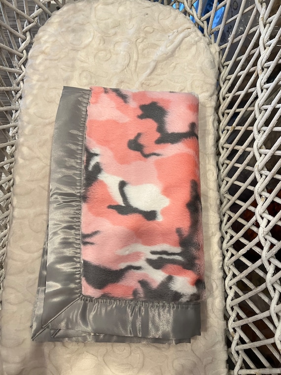 Pink grey and white fluffy camo baby blanket 30 x 35