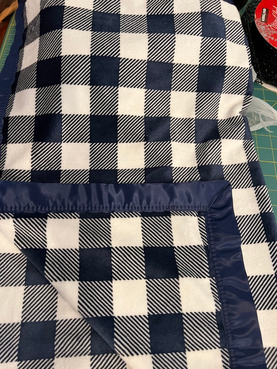 Navy and white buffalo check 30 x 35 double sided minky baby blanket