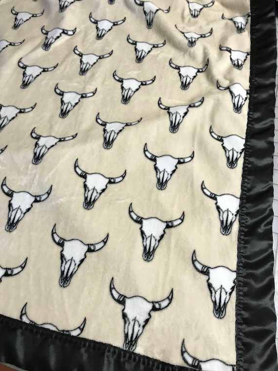 30 x 35 cattle skull minky baby blanket with black satin backing and binding
