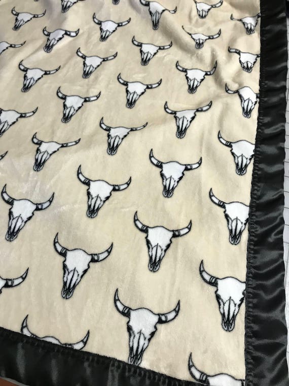 30 x 35 cattle skull minky baby blanket with black satin backing and binding and FREE embroidery
