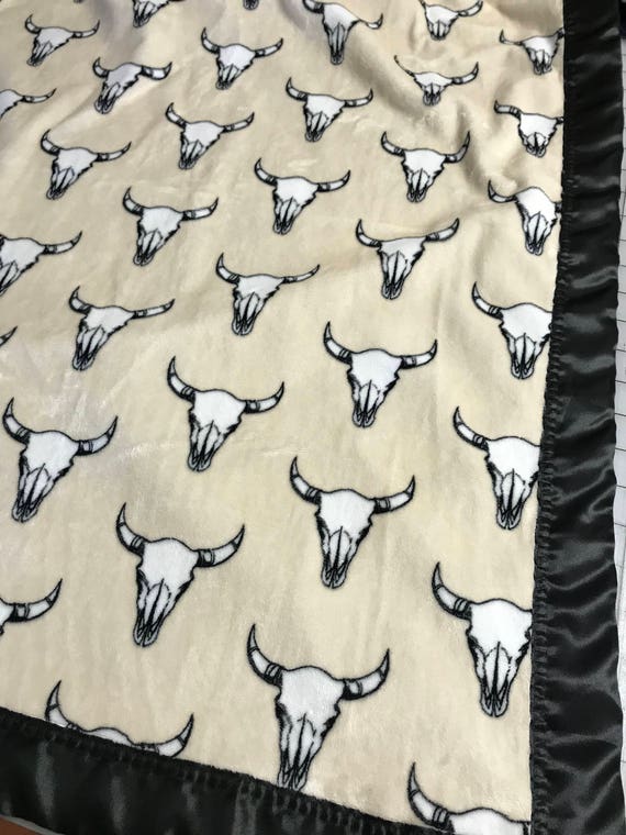 30 x 35 cattle skull minky baby blanket with black satin backing and binding