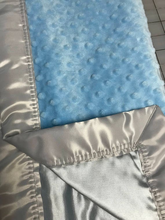 Baby blue minky  blanket with gray satin backing and binding 30 x 35
