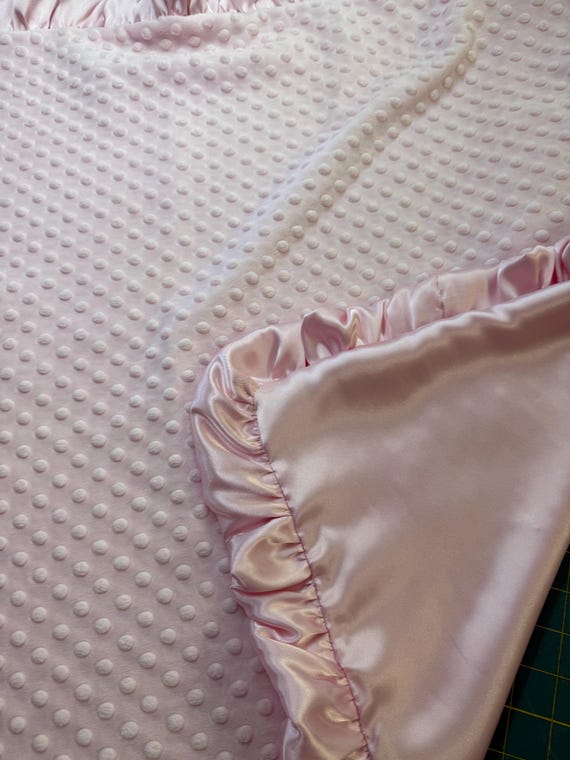 Baby Pink 30 x 35 minky dot and satin baby blanket with ruffles and Free embroidery