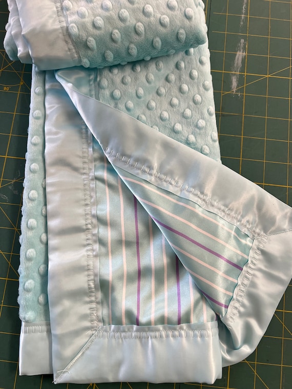 30 x 35 saltwater blue minky dot baby blanket with striped satin backing and FREE embroidery