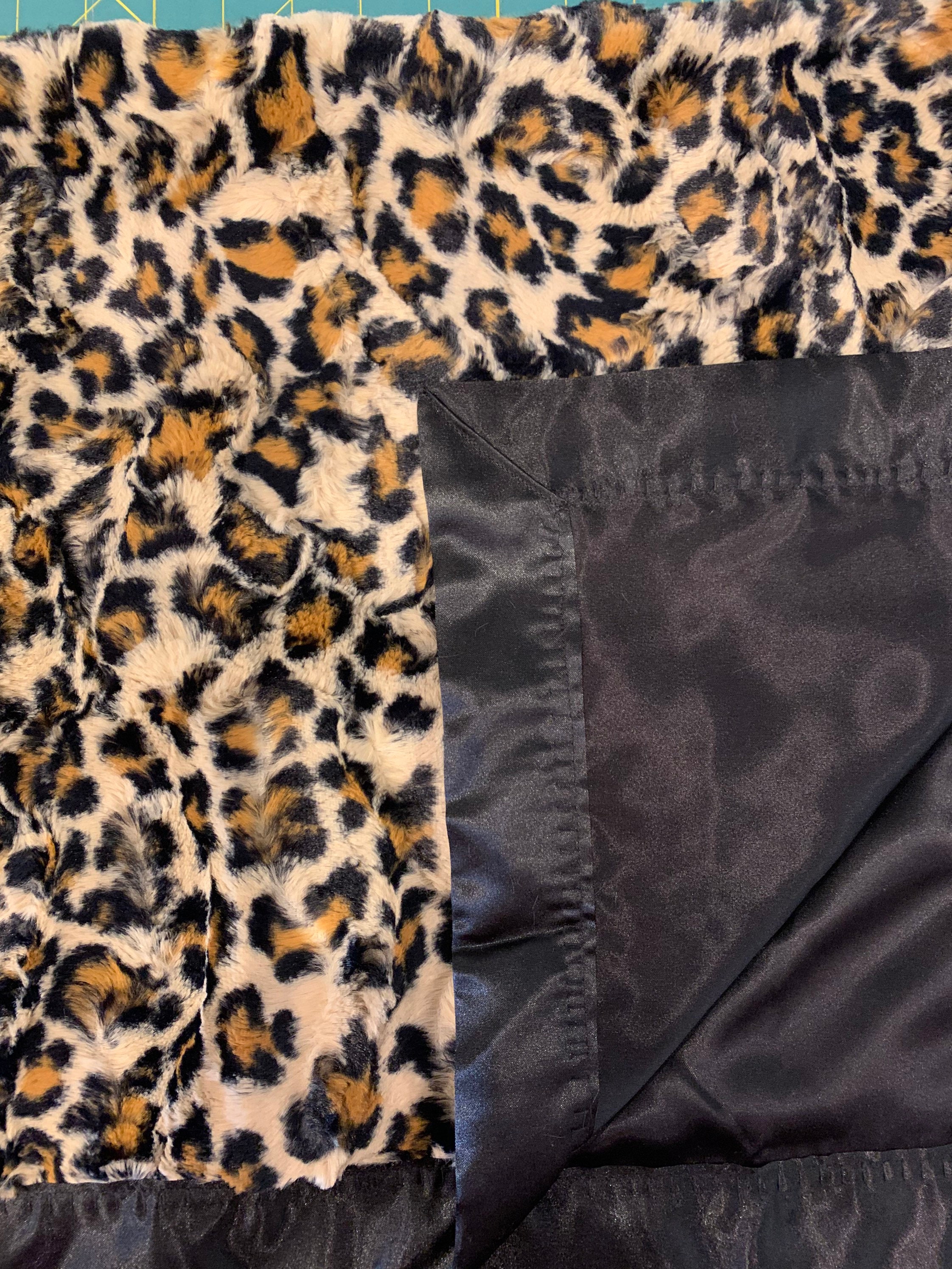 Fuzzy cheetah minky and satin baby blanket 30 x 35