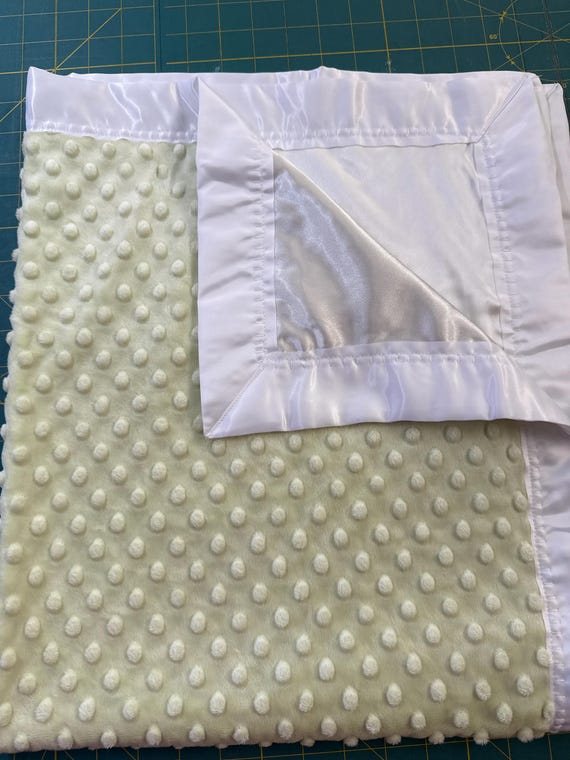 30 x 35 minky pale celery green baby blanket with white satin backing and binding and FREE embroidery