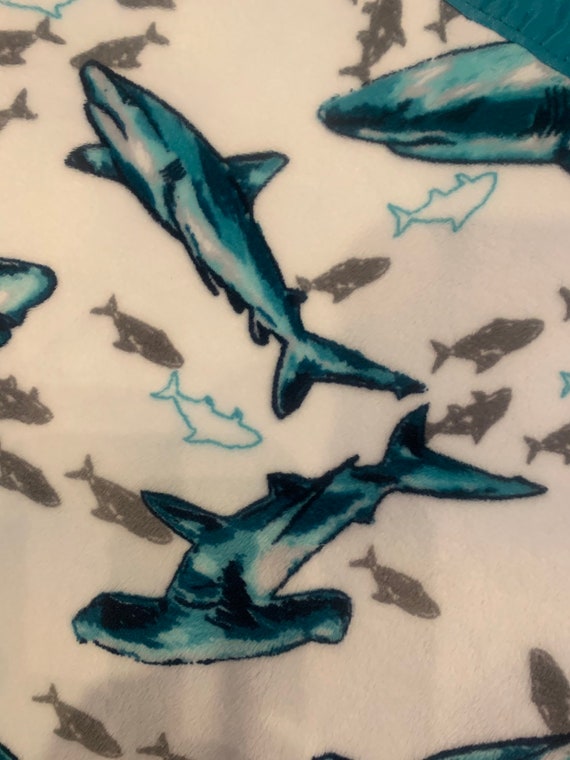 SHARK minky and satin baby blanket 30 x 35 with FREE embroidery