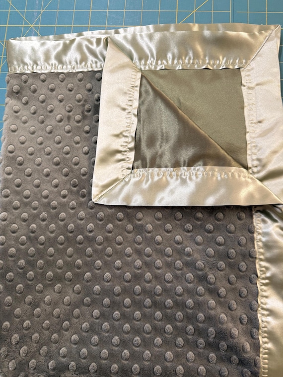 30 x 34 olive green minky blanket with olive satin backing and binding and FREE embroidery
