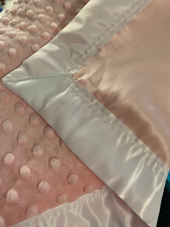 Shell pink minky dot and satin baby blanket 30 x 35 with FREE embroidery