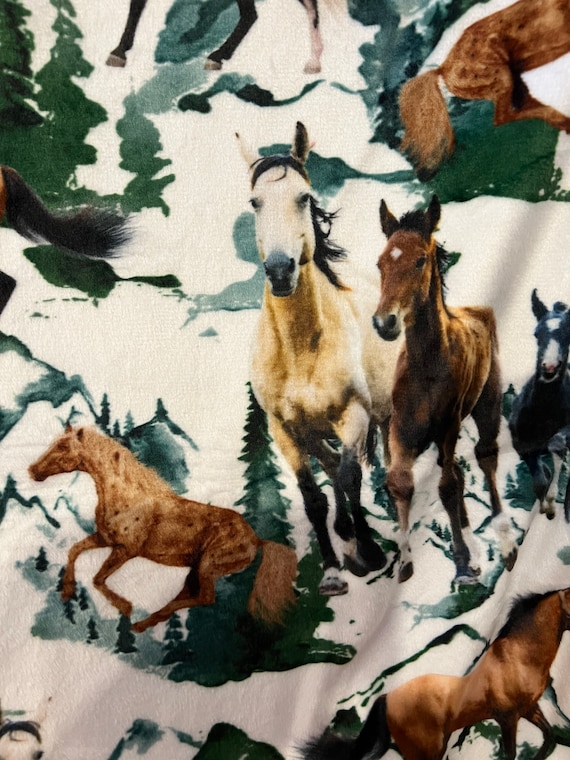 Winter mountains and horses minky and satin baby blanket 30 x 35 with FREE embroidery