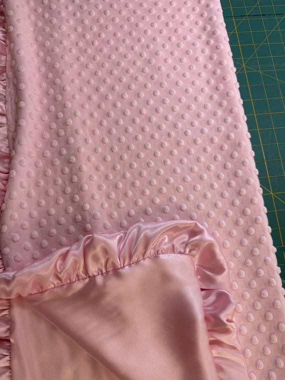 Shell pink 30 x 35 minky dot and satin blanket with ruffles and FREE embroidery