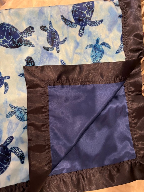 Sea turtles minky baby blanket with navy satin backing and binding 30 x 35