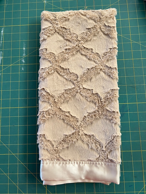 30 x 35 minky lattice style latte beige baby blanket with champagne satin backing and ivory binding with FREE embroidery